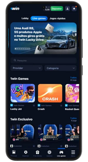 Seção de live-games e lobby do app 1Win