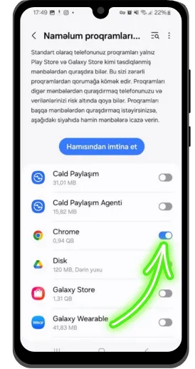 Naməlum mənbələrdən quraşdırmaya icazə verin