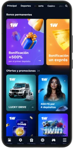 Página de bonificación en 1Win APK